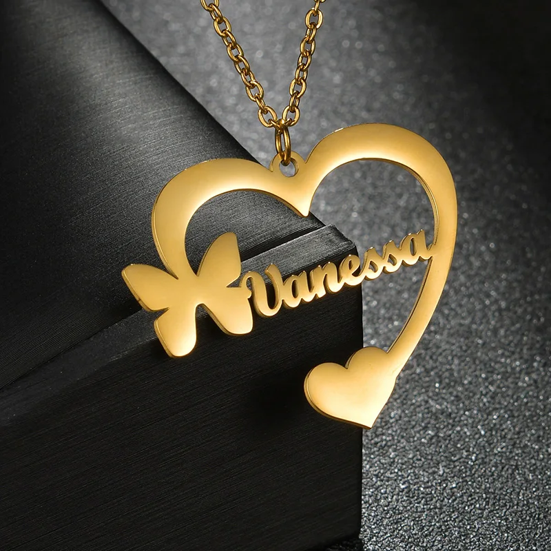 Kiddo Sky Collana Personalizzata Con Nome E Farfalla Per Donna - Gioiello In Acciaio Inossidabile Con Ciondolo A Cuore - Oro/Argento/Oro Rosa - 4