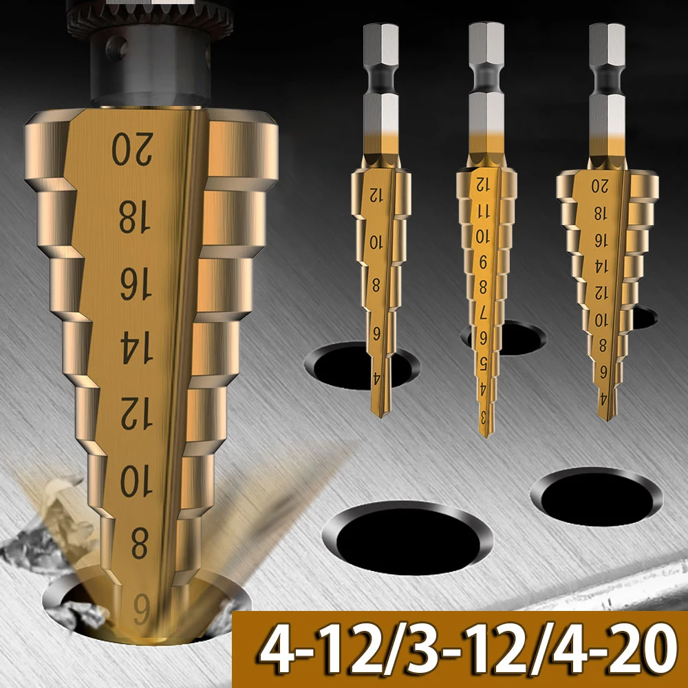 

3Pcs/set HSS Step Drill Bit Set Hex Shank Cone Drill Titanium Bit Cone Hole Cutter Metal Countersink Drill Bits 3-4/12/20mm