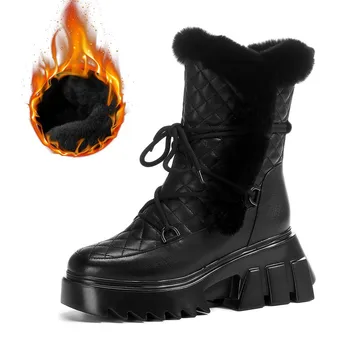 

Designer snow boots women shoes warm plush genuine leather platform punk fur headband ankle boots 2020 trend winter high heels