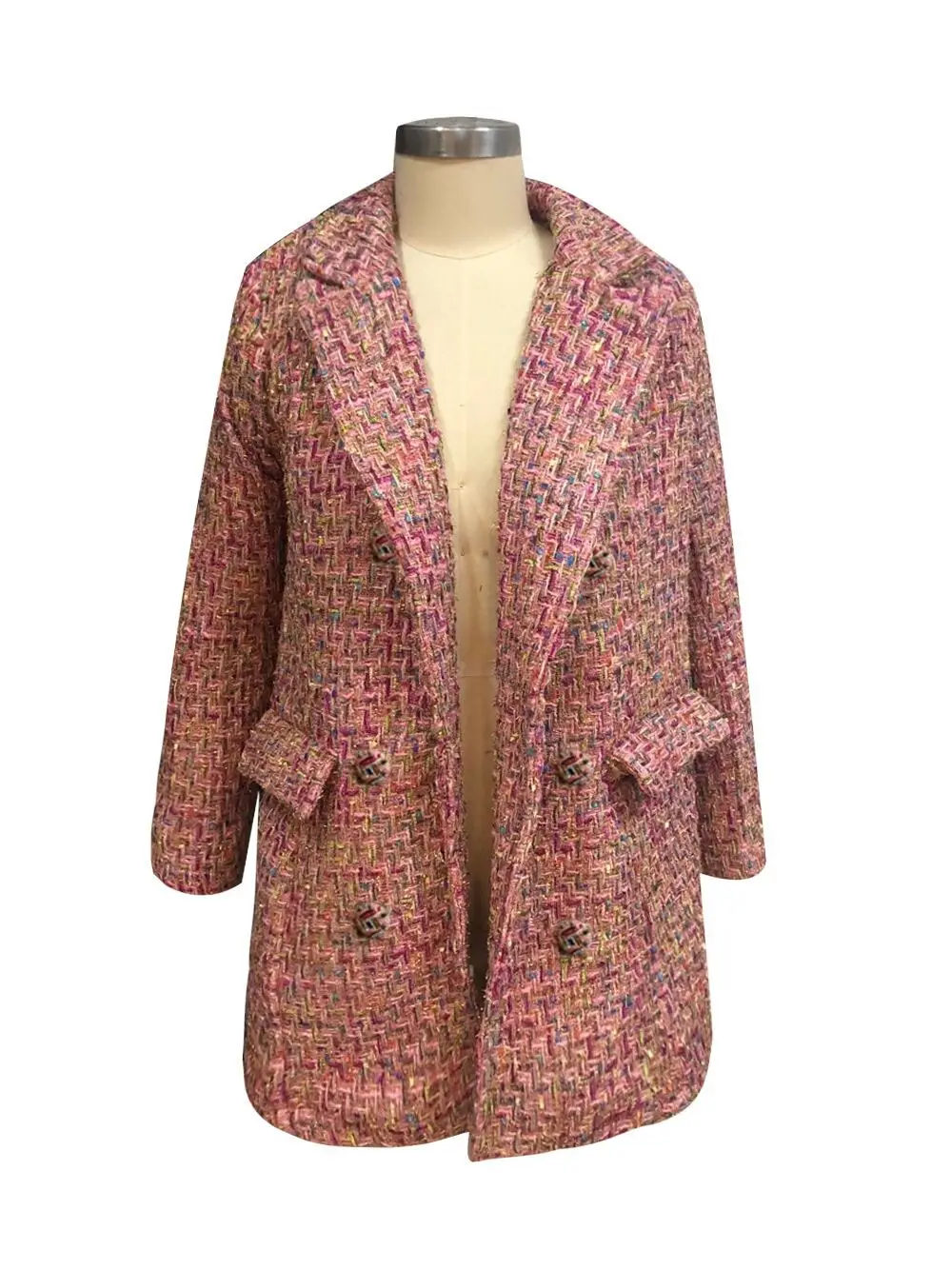 Женский розовый твидовый пиджак, весна-осень, клетчатый костюм, пальто, двубортный кардиган с лентой, верхняя одежда с отворотом, модный блейзер