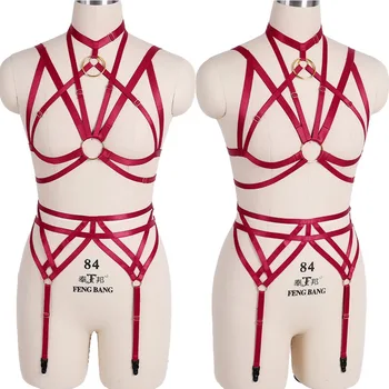 

Red Harness Bra Set Strappy Top Chest Caged Belt Plus Size Elastic Waist Garter Stockings Suspender Hollow Out Punk Goth Party