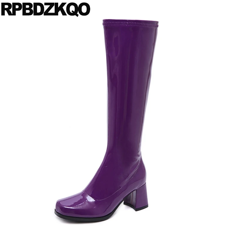 

Block Blue Chunky Retro Purple Go-go Women Sexy Waterproof Designer Long High Heel Knee Side Zip Boots Shoes Patent Leather Tall