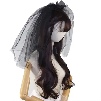

Womens Lolita Gothic Black Short Wedding Veil 2 Layers Bowknot Bridal Headwear