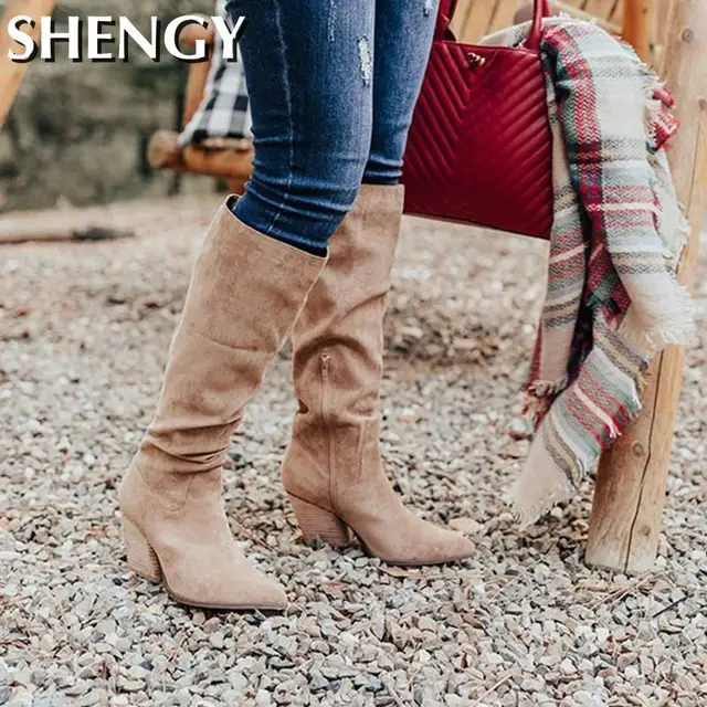 Botas por encima de la rodilla para mujer, zapatos sexys de Punta Alta, Aterciopelados, sin cordones, elegantes, para fiesta, Invierno