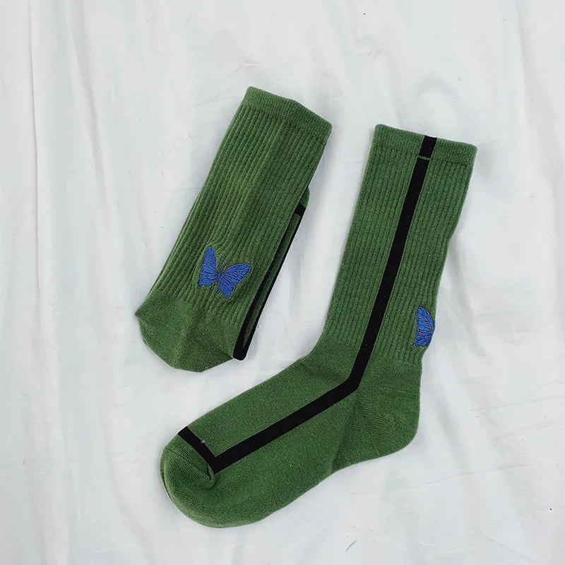 SP& CITY/Уникальные хлопковые носки с вышитыми бабочками; женские носки в полоску; трикотажные высокие носки контрастного цвета; носки для девочек в стиле Харадзюку - Цвет: green