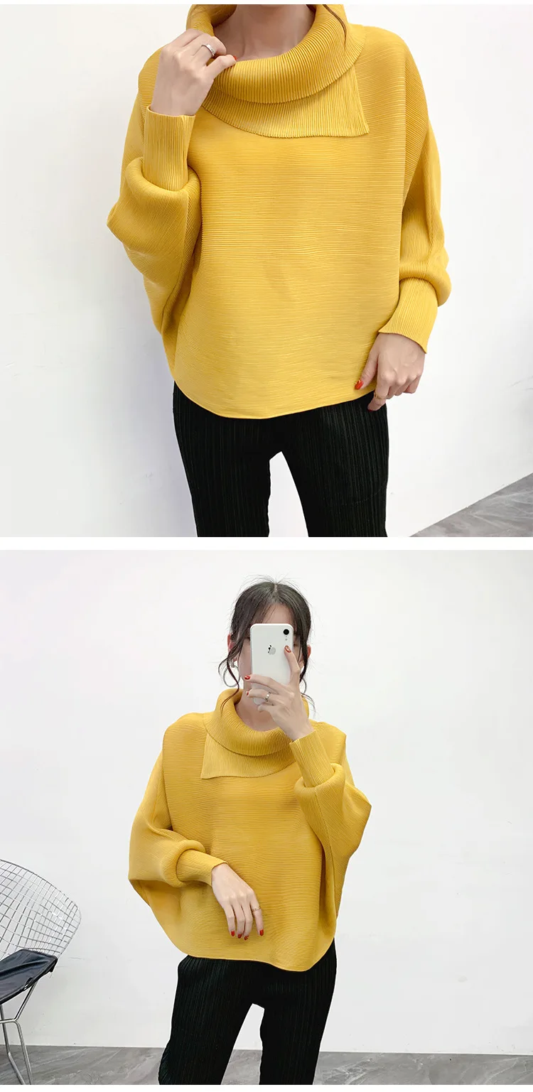 New Winter Plus Size Women Tshirt Solid Turn-down Collar Long Sleeves Bottoming Miyake Pleats Casual Loose Ladies Hoodies