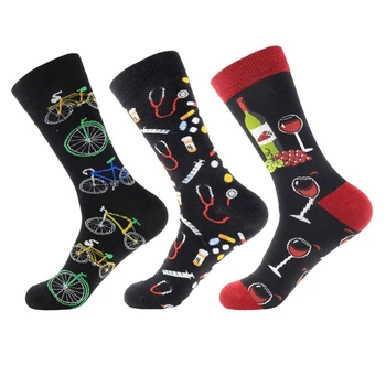 

3Pcs Men's Pill Wine Glass Black Crew Socks Harajuku Doctor Tools Cotton Long Sox