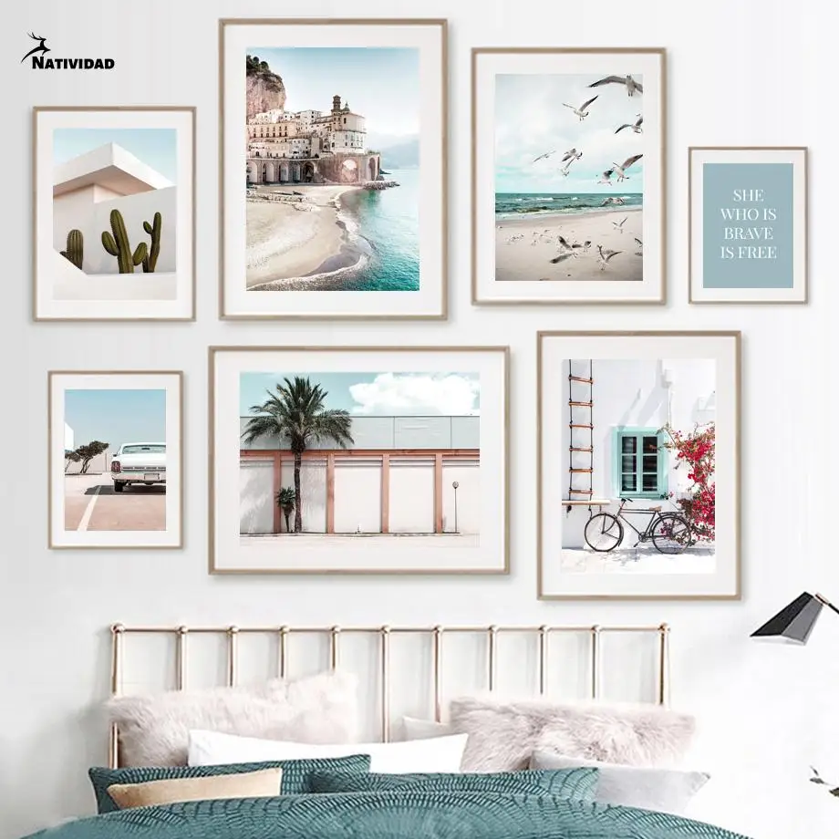 

Retro Car Bike Minimalist Nordic Style Posters and Prints Beach Sea View Wall Art Canvas Painting for Living Room Home Decor