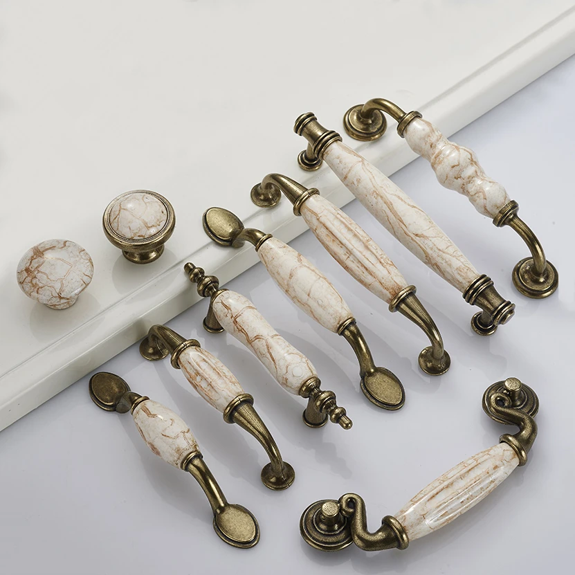 

Marble Lines Ceramic Cabinet Handles Zinc Alloy Drawer knobs Wardrobe Door Handles Antique Bronze European Furniture Handle