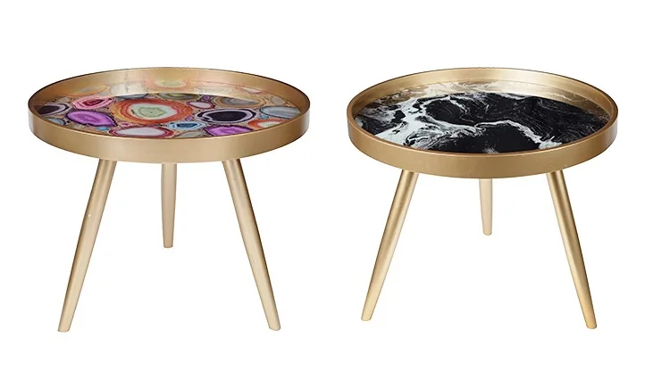 Позолоченный стол с искусственным агатовым каменным верхом/Золотой столик/деревянные ножки