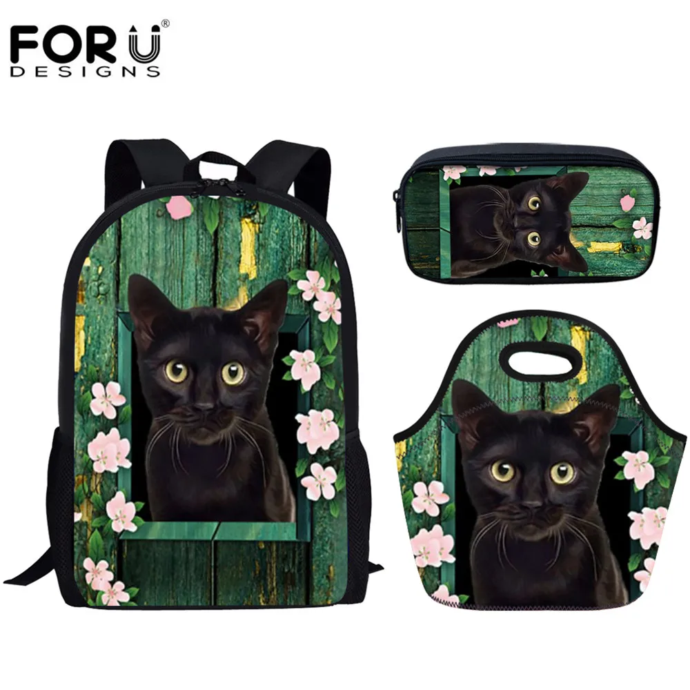 

FORUDESIGNS Black Cat Looks out the Window Orthopedics School Bags for Kids Set School Backpack Casual Cute Girls Boys Book Bags