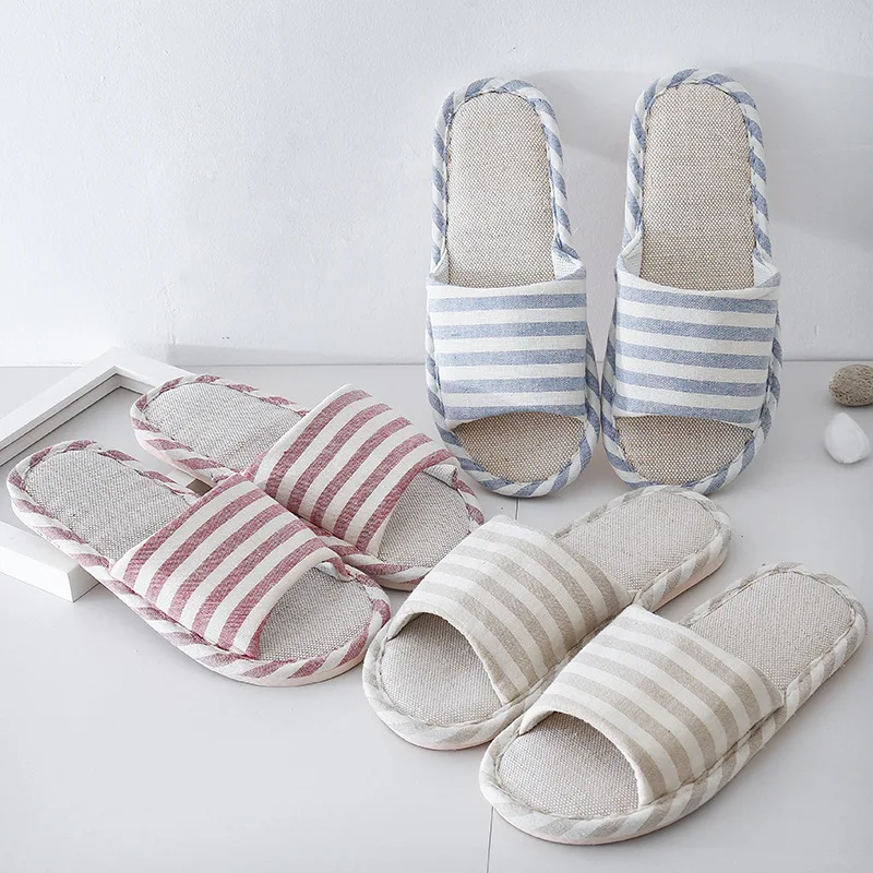 

Home Stripes A- line Linen Slippers Women's Men's Summer Indoor Floor Anti-slip Breathable Sweat Absorbing Sandals Slippers