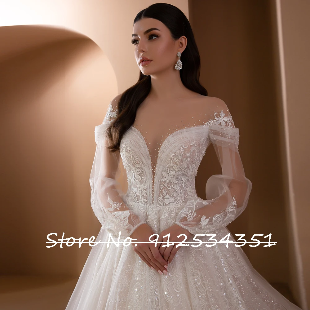 Abito Da Sposa Long Sleeve Tulle Wedding Dress Beading Appliques Luxury Robe De Mariage O-Neck Illusion Back Vestido De Novia black wedding dresses