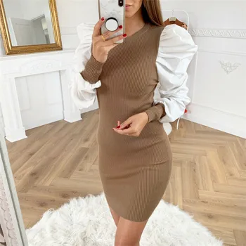 

Bodycon knitted dress women Puff shoulder sweater O-neck dress autumn female Sexy ladies slim clubwear mini dress vestidos
