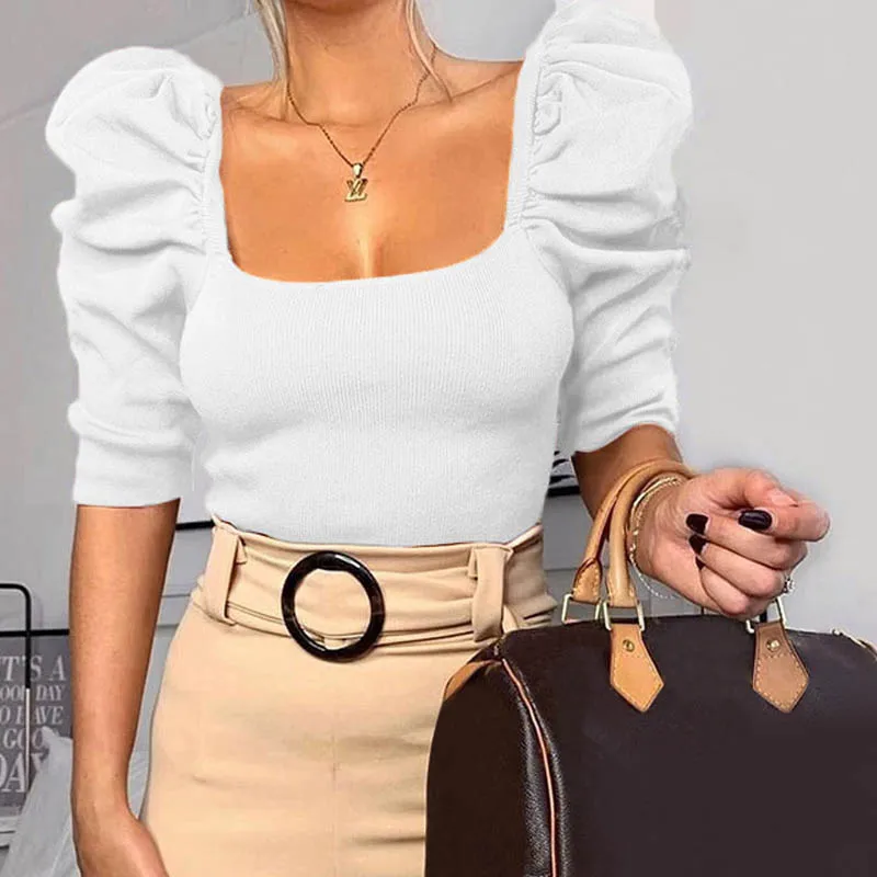 Сексуальные женские блузки и топы с квадратным воротником, весна-лето, плиссированная рубашка с коротким рукавом, Женская однотонная модная уличная блуза - Цвет: Half Sleeve White