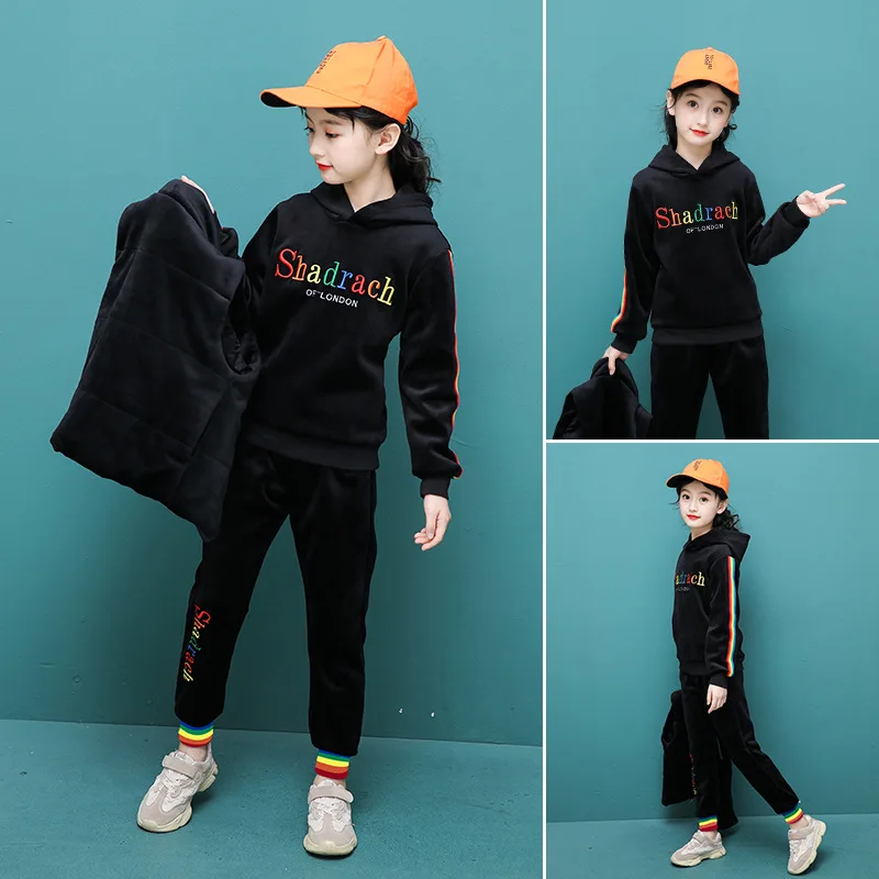 

Childrenswear 2019 Children Winter New Style Girls Students Color Stripes Thick Gold Velvet Set Two-Piece Set