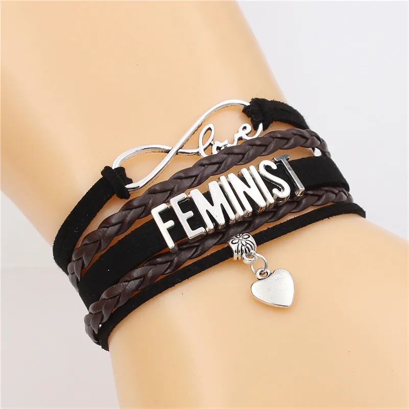 Новые серебряные кожаные браслеты Feminist Infinity Lover Сердце Шарм ручной работы регулируемые браслеты ювелирные изделия для женщин дропшиппинг