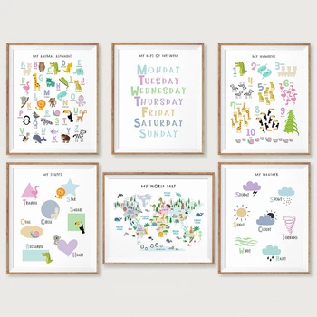 

Baby Poster My World Map Woodland Animal Poster Nursery Print Cartoon Wall Art Canvas Painting Pictures For Kids Room Decoration