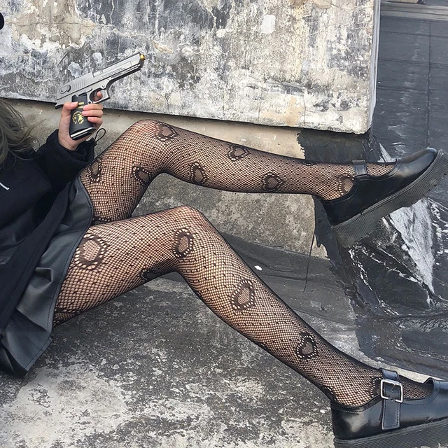 Medias Blancas para mujer, medias japonesas JK, medias góticas de encaje  negro, medias Lolita, medias con estampado de tatuaje, medias de red -  AliExpress