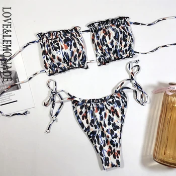 

LOVE & LEMONADE Sexy Tube Top Cut Out Straps Leopard Print Bikini Women Swimsuit LMSW91