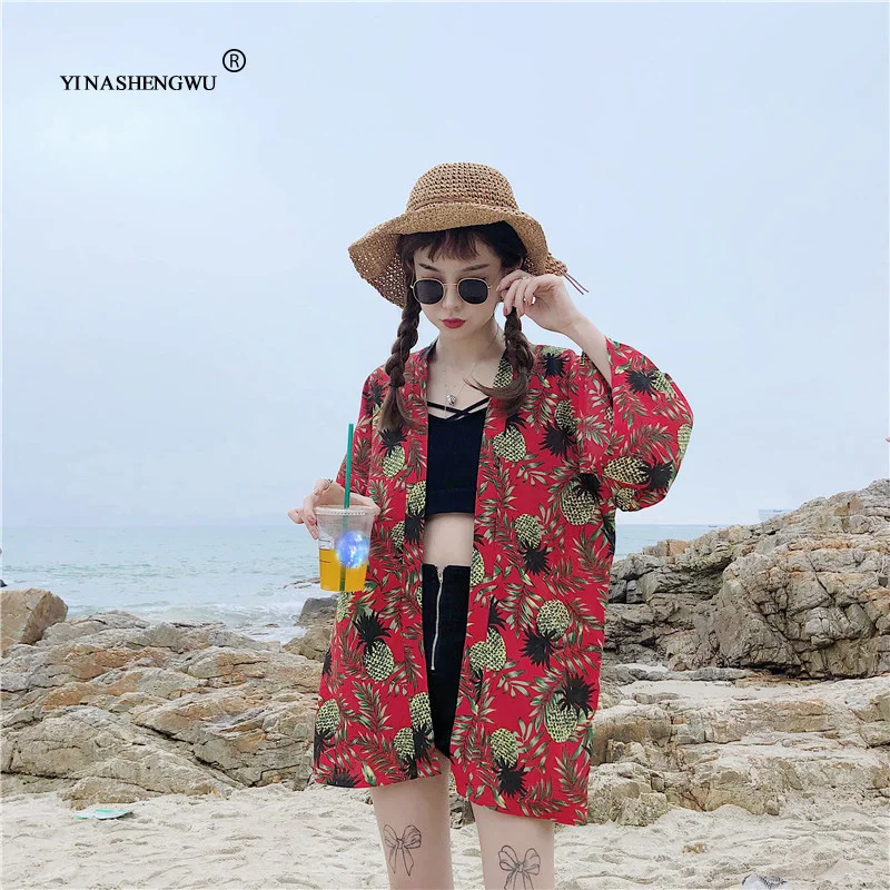 Японская юката кимоно Летний пляж, отпуск уличные свободные летняя блуза новые граффити кимоно путешествия тонкое пальто кимоно Femme