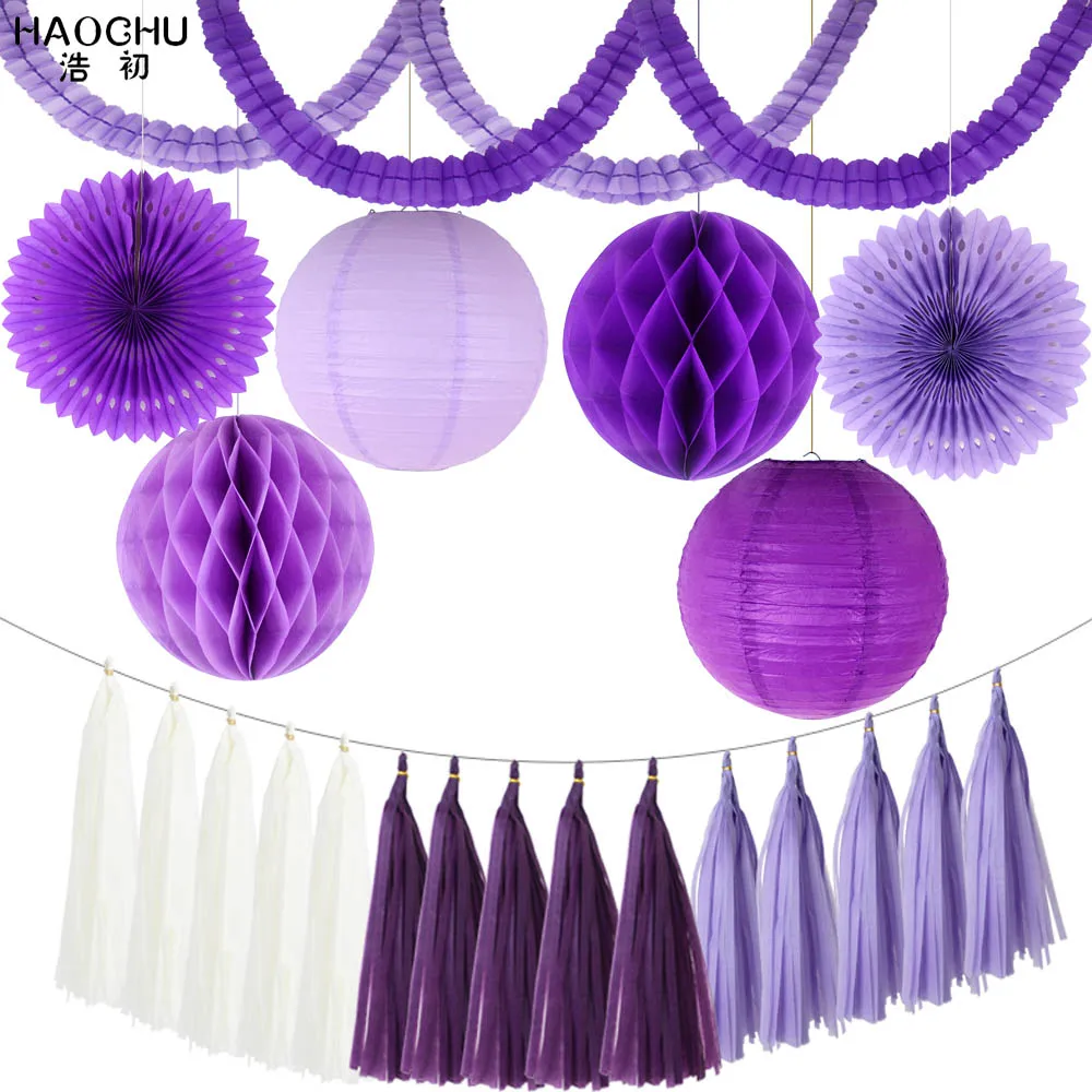 1Set 23pcs Mixed DIY Tissue Paper Tassel/Garland/Lantern/Fans/Honeycomb Balls Party Decorations Wedding Kids Unicorn Birthday - Цвет: Purple