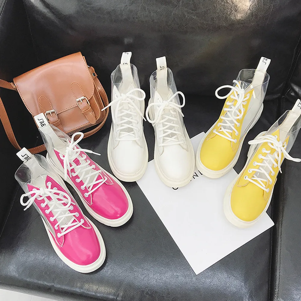 

Ankle Rainboots Women Platform Waterproof Motorcycle Ankle Boots Woman Round Toe Low Heel Shoes Winter Fashion Transparent Boots