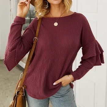 

Zebery Women Sweater Autumn Winter Long Sleeve Round Leader Son Lotus Leaf Edge Stitching Solid Color Blouse Fashion Sweater