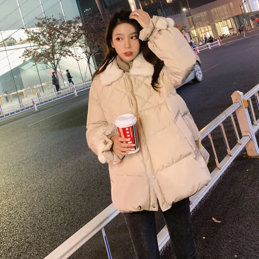 

2019 Chic Ladies' New Style Beige Short Section Cotton Coat Students Loose-Fit Faux Rabbit Fur Thick by Age Cotton-padded Clothe