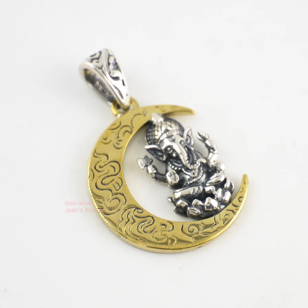 Мужской кулон для йоги серебряная подвеска Lord Ganesha на золотой Луне а2110|pendant