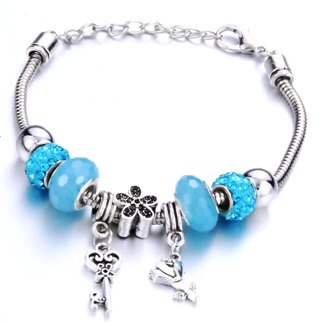 Antique Original Crown key lock Shape 6 colors Charm Bracelets For Women Glass Beads Brand Bracelet & Bangle DIY Jewelry Gifts 0016BE