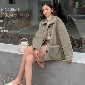 

Women thick warm pocket Lamb cashmere Jacket Coat Single-breasted Outwear Overcoat Winter Soft Jacket Female sweet Plush Coat