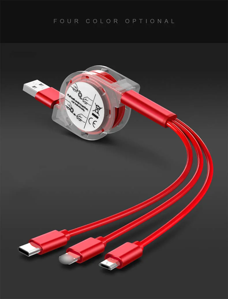 3 in1 Retractable USB Cable Type-c Charging line 100cm Coiled Data Line For iPhone&Android Fast Charging