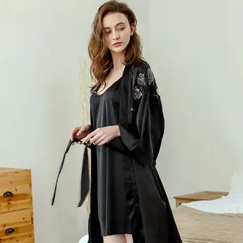 

Rose Embroidery Nightdress Suit Ladies Imitation Silk Spring Summer Long Sleeve Breathable Loose Sling Nightdress Cardigan Set