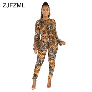 

Leopard Festival Womens Two Piece Sets 2019 O Neck Long Sleeve Drawstring Crop Top and Bodycon Pencil Pants Ladies Tracksuits
