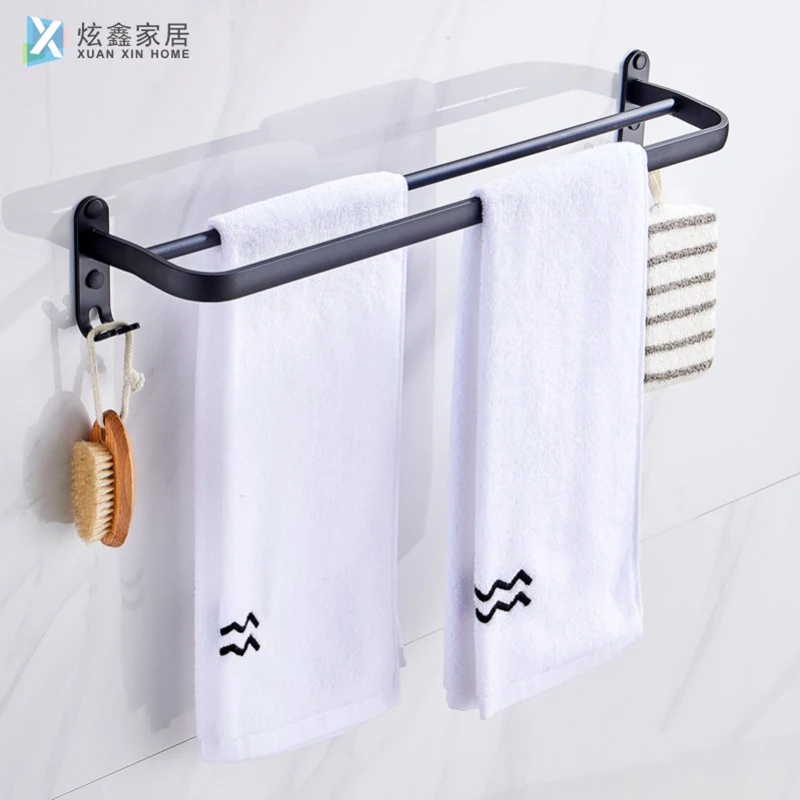 

Towel Holder Bathroom Accessories Wall Mounted Black Towel Rack Single Double Bar With Hook Space Aluminum Fashion Towel Hanger