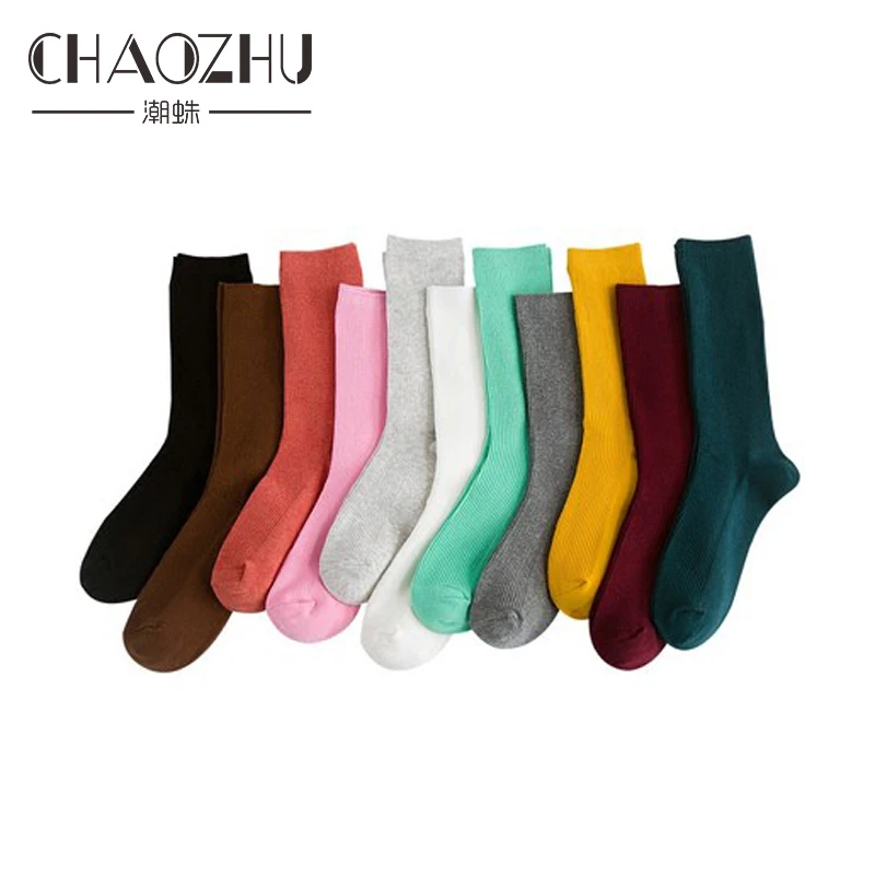 CHAOZHU  Japanese Korea High School Girls High Socks Loose Solid Colors Double Needles Knitting Cotton Long Socks Women