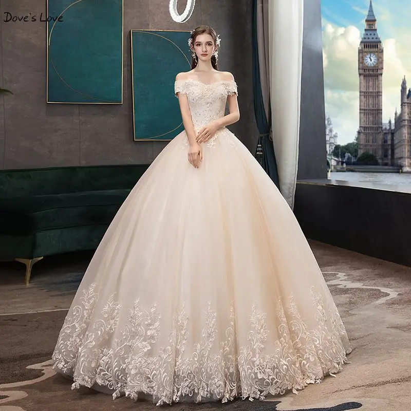 

Champagne Wedding Dresses 2020 Ball Gown Lace Applique Beaded Sequin Off Shoulder Sweetheart Bride Gowns Women Trouwjurk