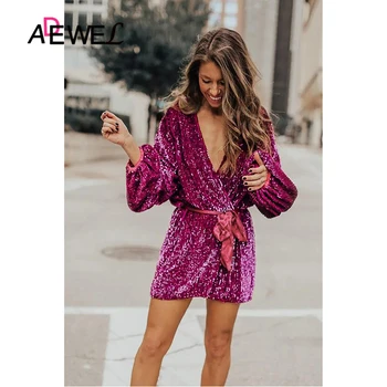 

ADEWEL Sexy Sequin Dress Women Autumn V-neck Glitter Shiny Mini Party Dress Winter Long Sleeve Evening Bodycon Dresses Vestidos