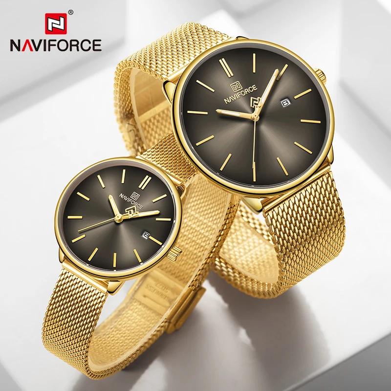 Часы наручные NAVIFORCE для мужчин и женщин простые роскошные золотистые Кварцевые