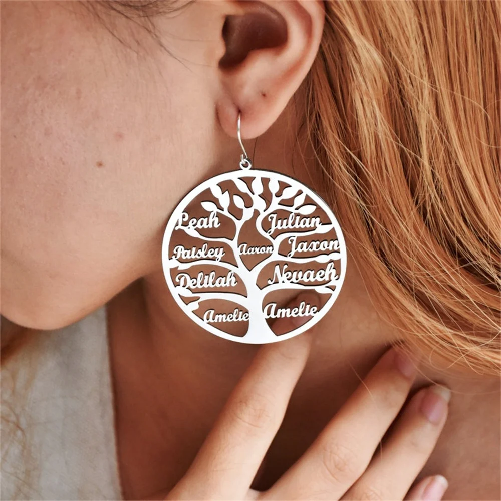 Custom Name Hoop Earrings for Women Personalized Tree Of Life Earrings Fashion Hanging Nameplate Earrings Family Christmas Gift