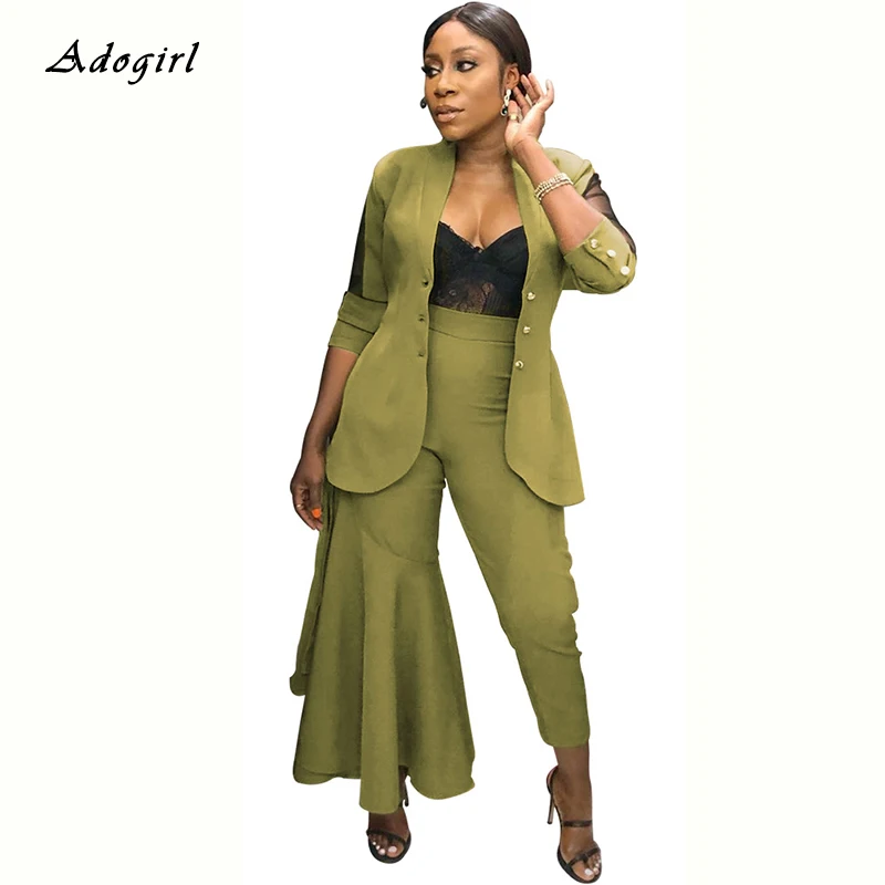 

Elegant Ruffless Solid Business Women Suit Mesh Patchwork Blazer Top Coat With Boot Cut Pants Women Sets Casual Two Piece Set