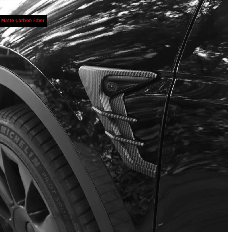 Fibra di carbonio brillante MERIGLARE 2 Pack Fianchi fotocamera Coperchio del pannello laterale dell'auto Compatibile per Tesla Model 3 Modello Y Accessori per auto decorativi in ​​​​ABS