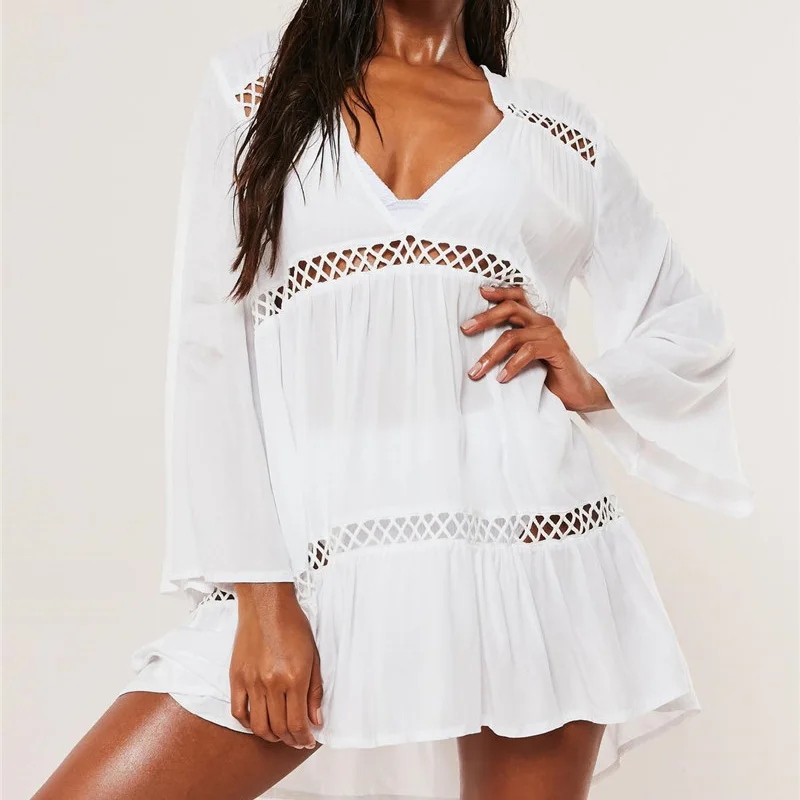 white beach dress long 2021 Sexy Women Beach Cover Up Tunic Pareo White V Neck Dress Robe Swimwear Bathing Suit Beachwear Plus Size Summer Caftan Dress bathing suit dress cover ups