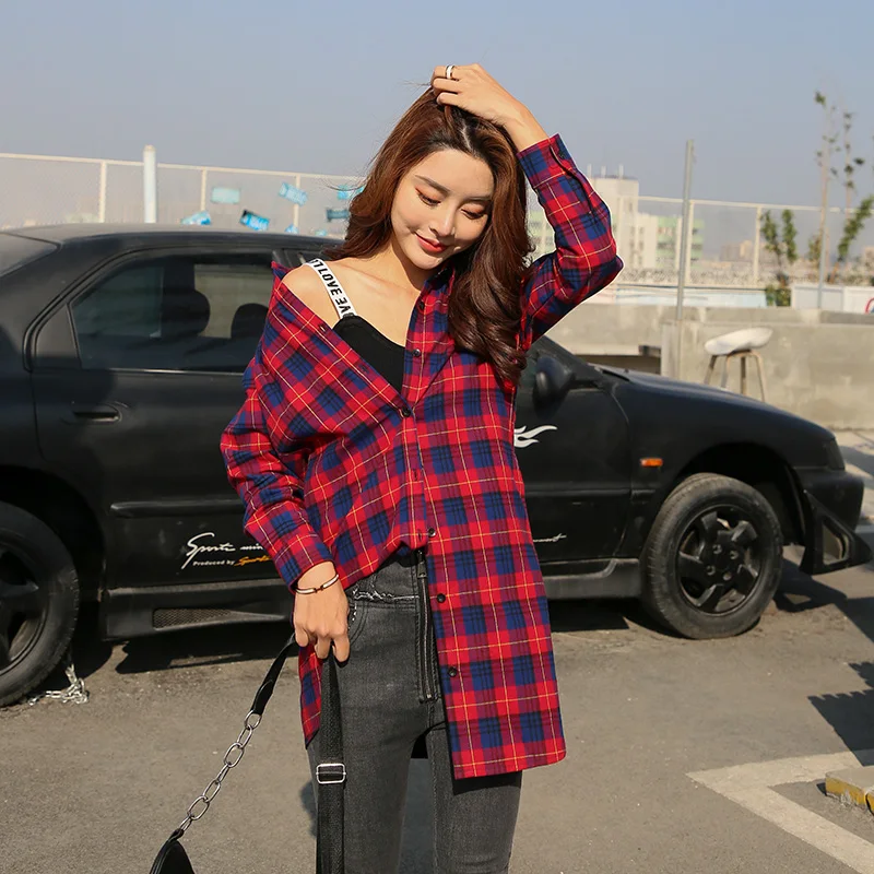 Хлопковая женская блузка рубашка в шотландскую клетку повседневная