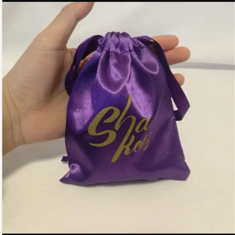 

Free shipping Logo Print Wig Packaging Drawstring Satin Bags with Tassel Elegant Colorful Jewels and gifts Small Pouches