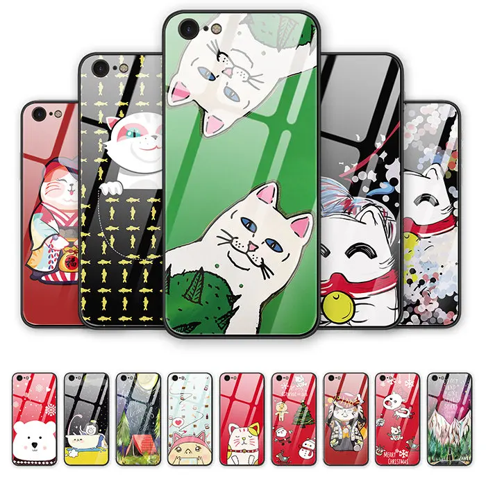 Christmas tree Tempered glass back cover phone case Rich cat For iphone XR X XS MAX 5 5S 6 6S 7 8 Plus 11 11ProMax Coque Funda