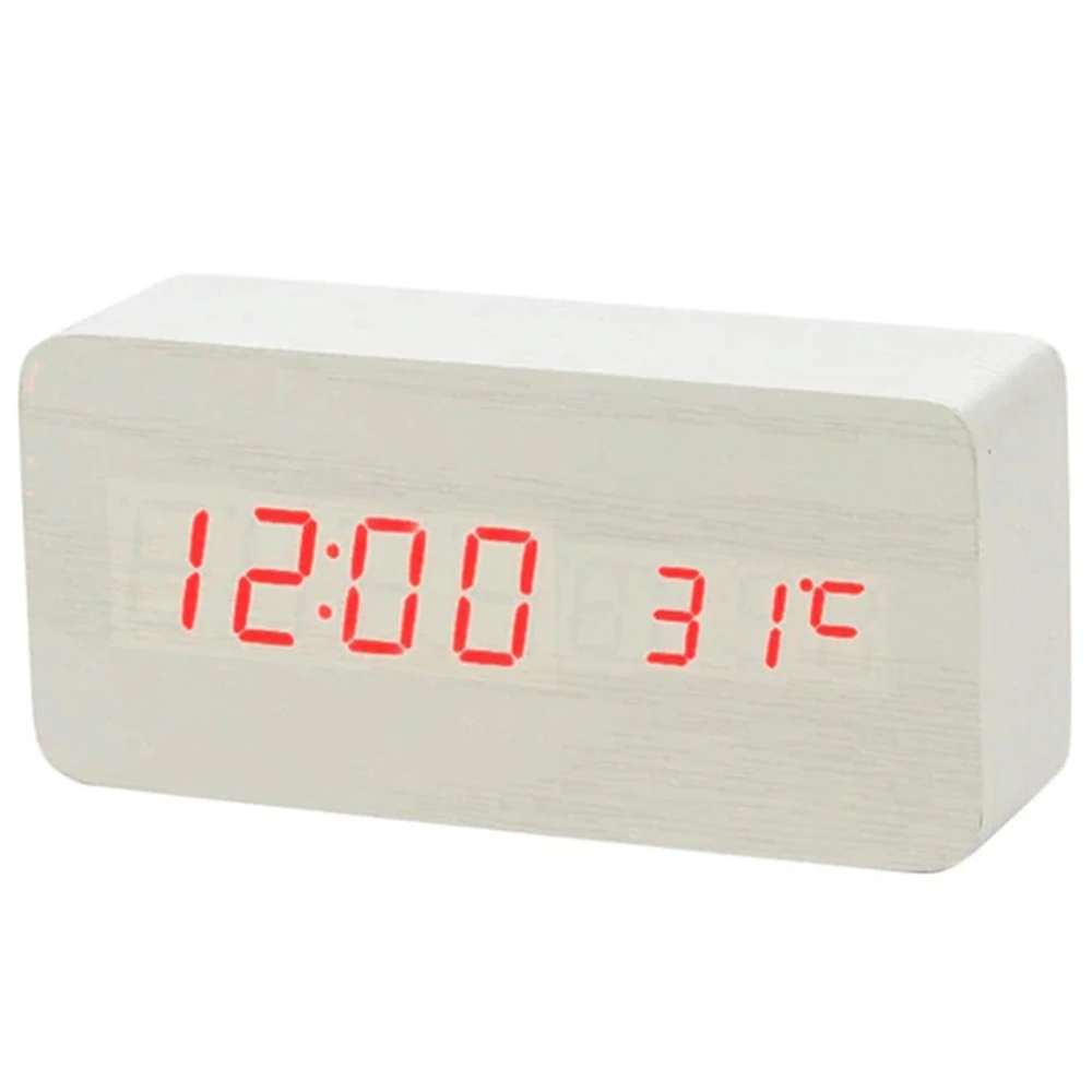 Светодиодный Будильник с голосовым управлением, цифровой термометр с деревянной подсветкой, деревянные ретро светящиеся часы, настольные светящиеся будильники - Цвет: Red Number White