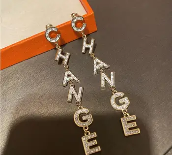 

women shiny rhinestone earrings tassel ins gem retro letter long earrings