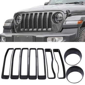 

9PCS JL Front Grill Inserts Kit , Carbon Fiber Grill Net Cover Trim for Jeep Wrangler JL 2018 2019